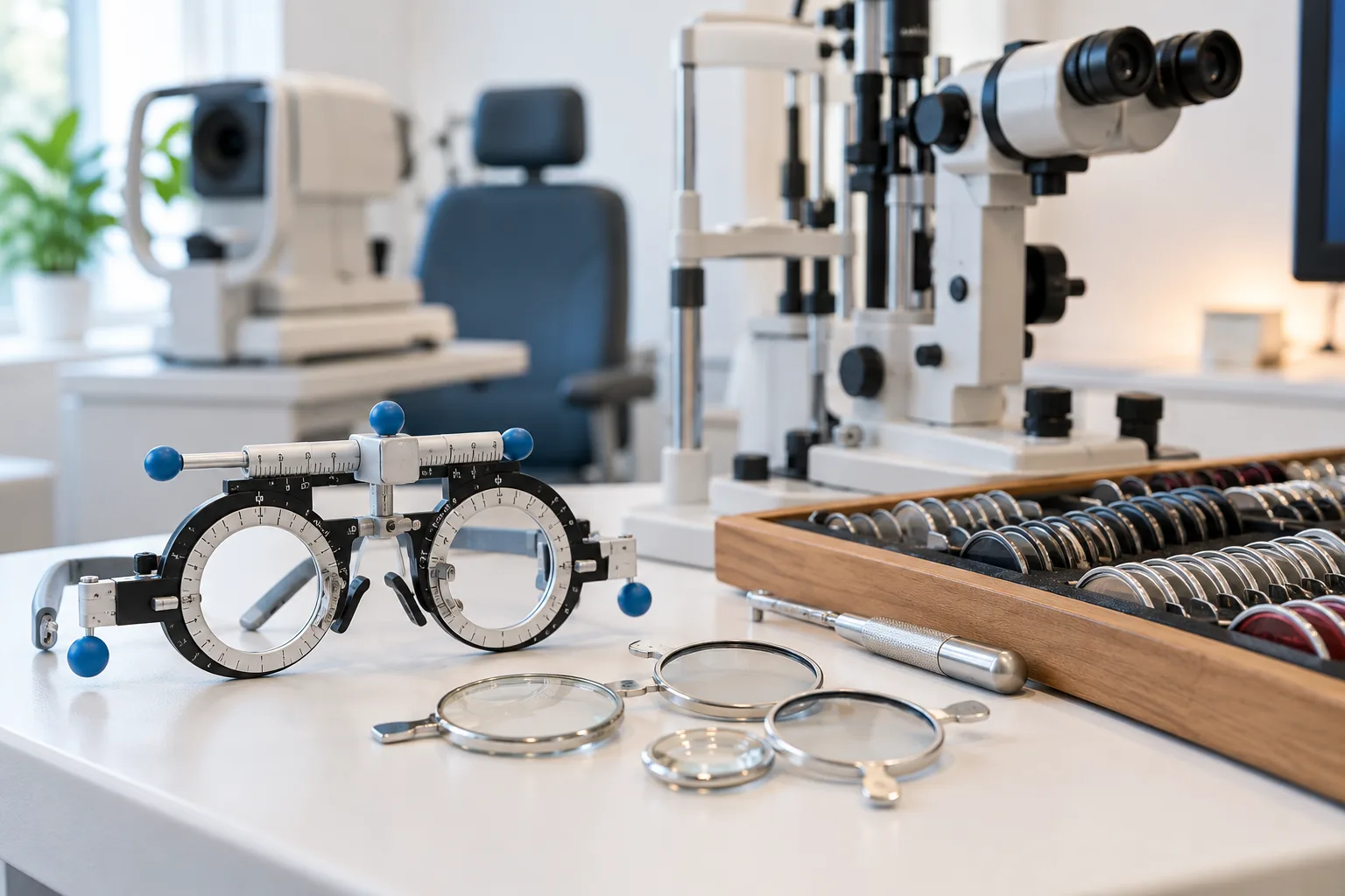 Augenärztliche Diagnosegeräte und Probiergläser im Untersuchungsraum